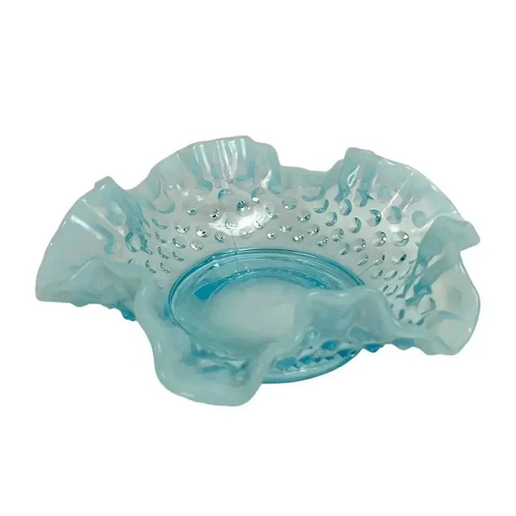 VTG Fenton Ruffled Blue Hobnail Glass Candy Dish Crimped Edges Home Decor - Picture 7 of 16